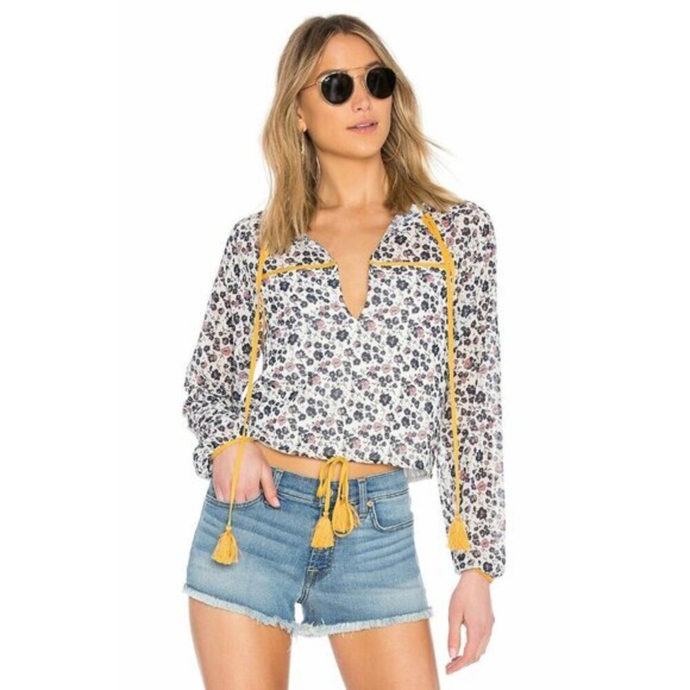 Tularosa Blouse Sam Floral Boho Chiffon Top Contrast Trim Tassels Sz XS NWT $148